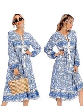 Blue Floral Midi Dress with Tassel Tie